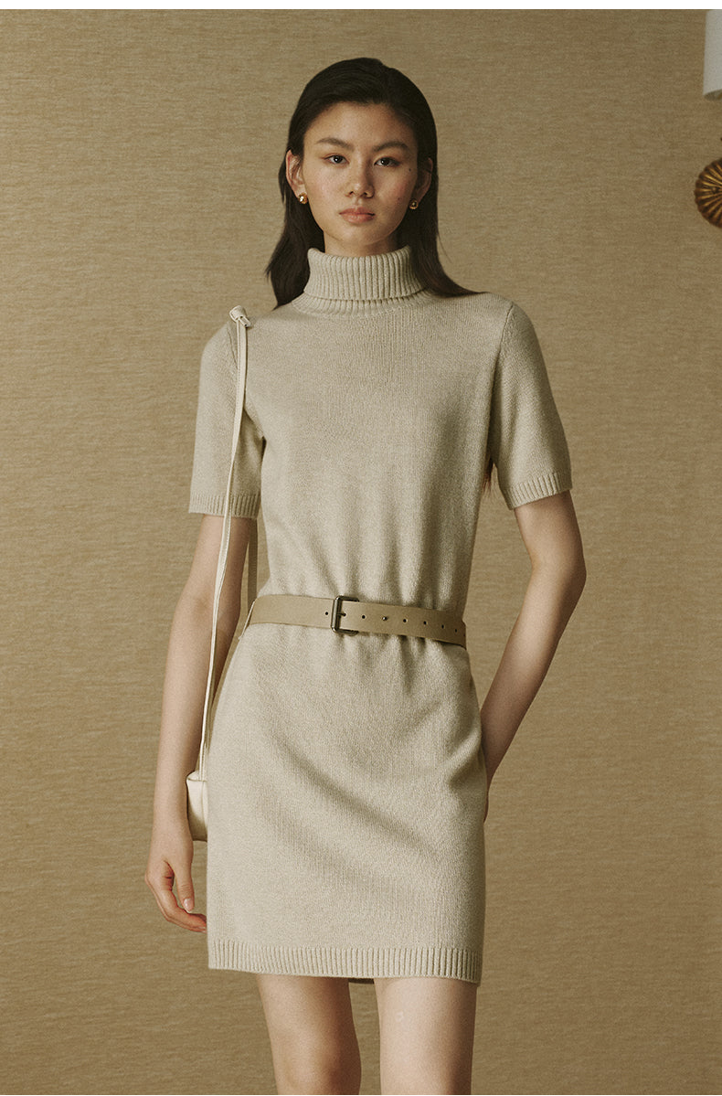 Wool Mockneck Belted Dress - Jade Ivory