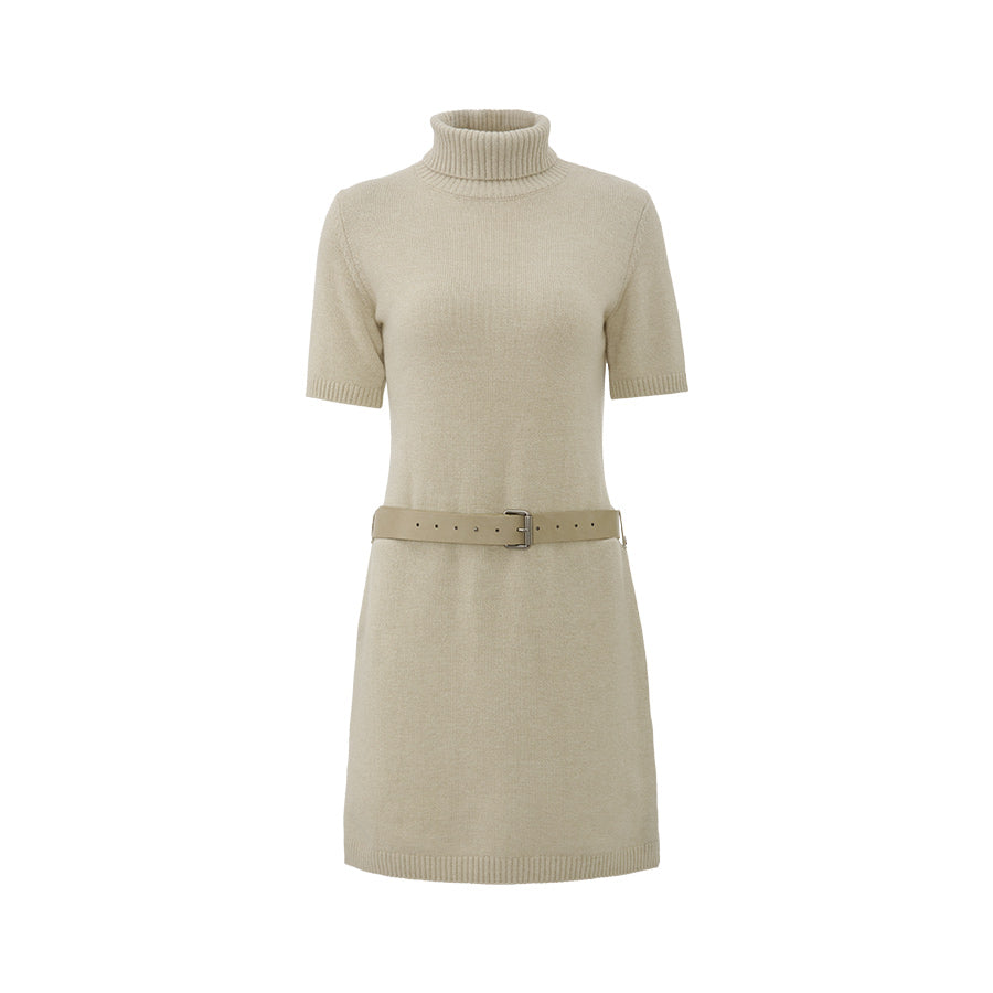 Wool Mockneck Belted Dress - Jade Ivory