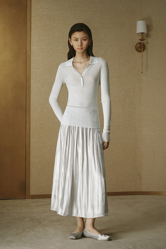 Ribbed Knit Polo - Silver White