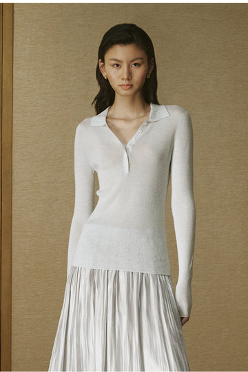 Ribbed Knit Polo - Silver White