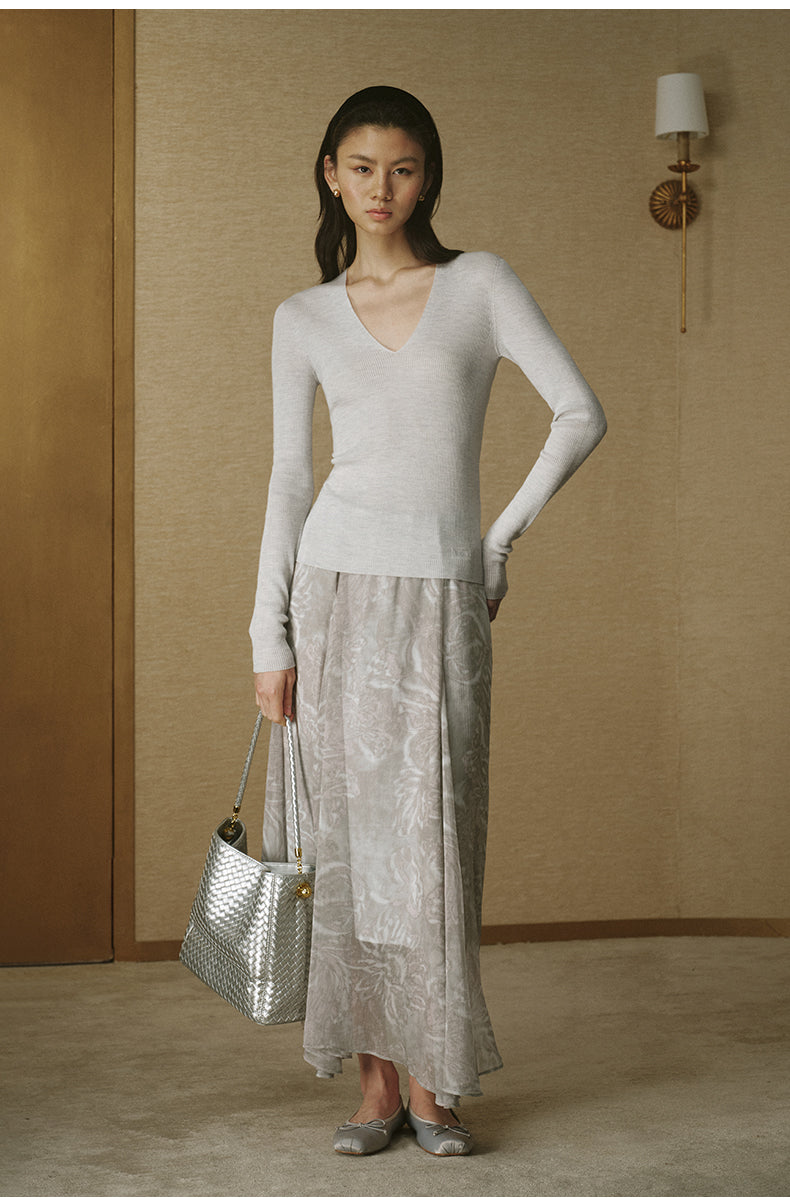 Seamless Wool V-Neck Top - Light Dew Grey