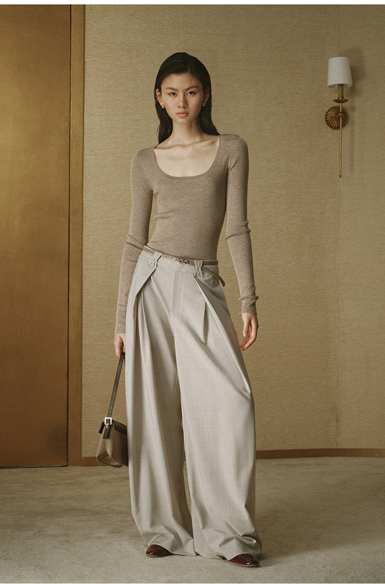 ZZ2FAKZL075 Seamless Wool Round-Neck Tee Warm Grey Beige
