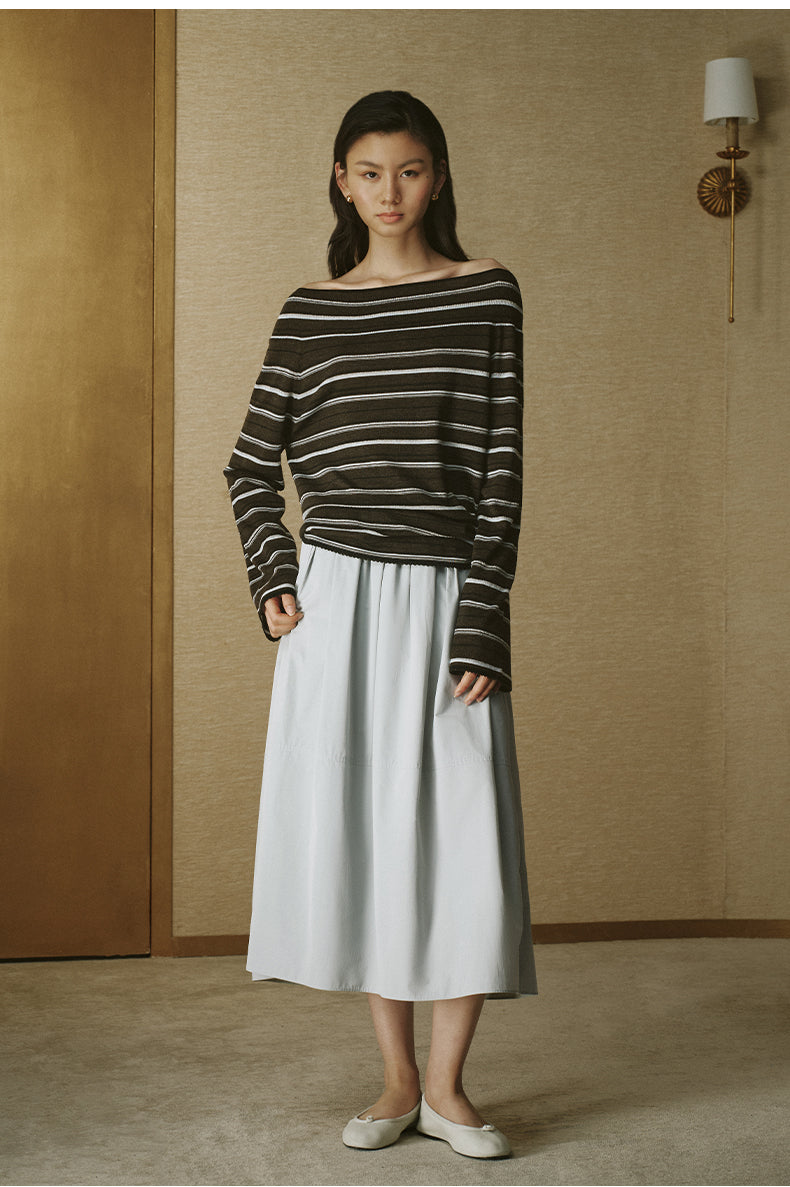 Off-Shoulder Stripe Pullover - Deep Coffee Stripe