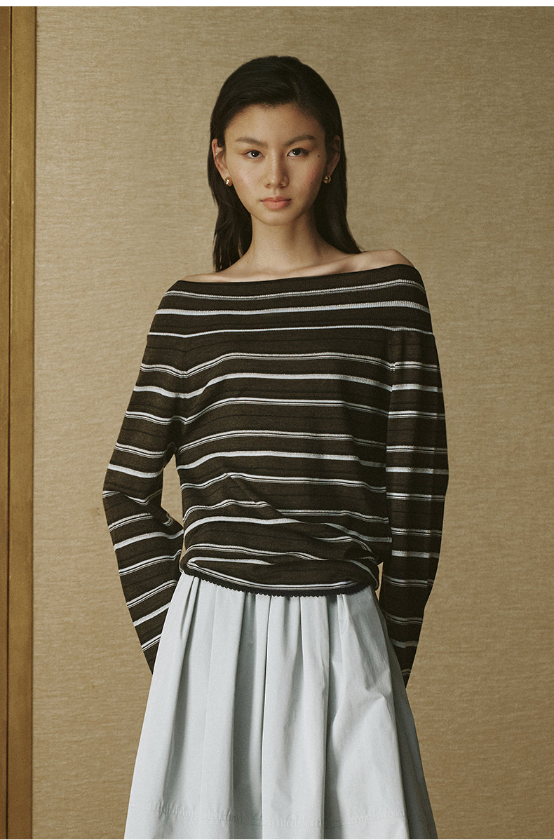 Off-Shoulder Stripe Pullover - Deep Coffee Stripe