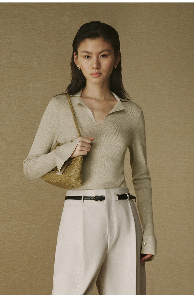 ZZ2FAKZL099 Ribbed Wool Polo Knit Jade White
