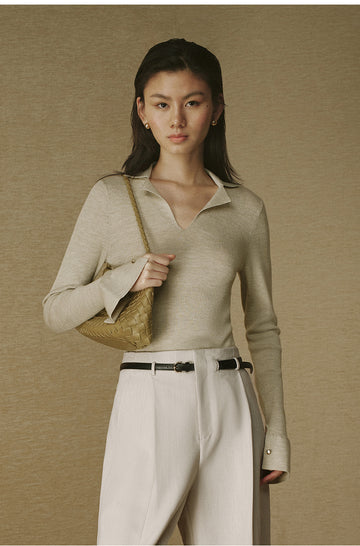 ZZ2FAKZL099 Ribbed Wool Polo Knit Jade White
