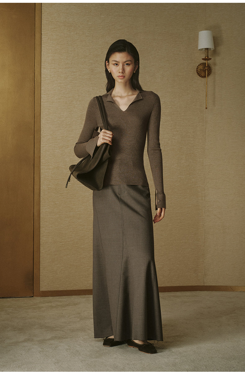 ZZ2FAKZL099 Ribbed Wool Polo Knit Light Tea Brown