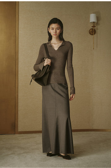 ZZ2FAKZL099 Ribbed Wool Polo Knit Light Tea Brown