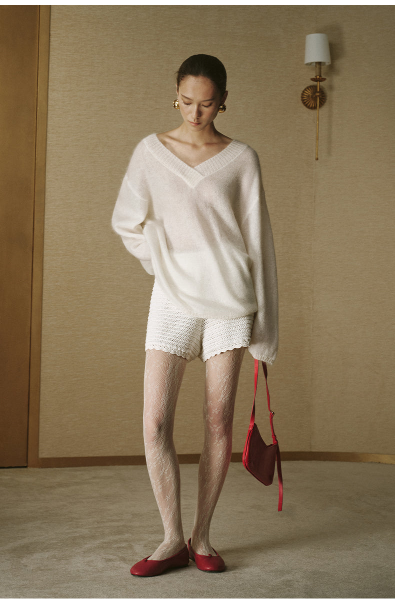 Relaxed Mohair V-Neck Pullover - Ivory White