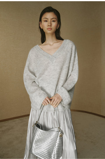 Relaxed Mohair V-Neck Pullover - Light Dew Grey