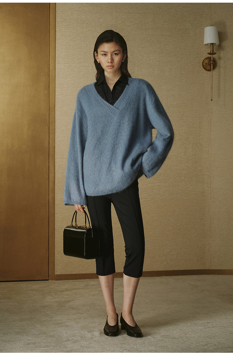 Relaxed Mohair V-Neck Pullover - Mist Blue