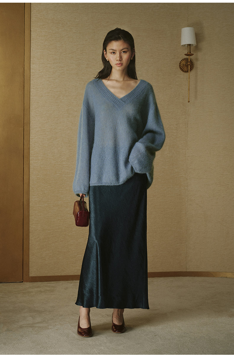 Relaxed Mohair V-Neck Pullover - Mist Blue