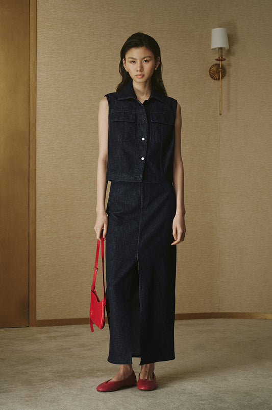 ZZ2FANBW004 Straight Denim Midi Skirt Deep Navy