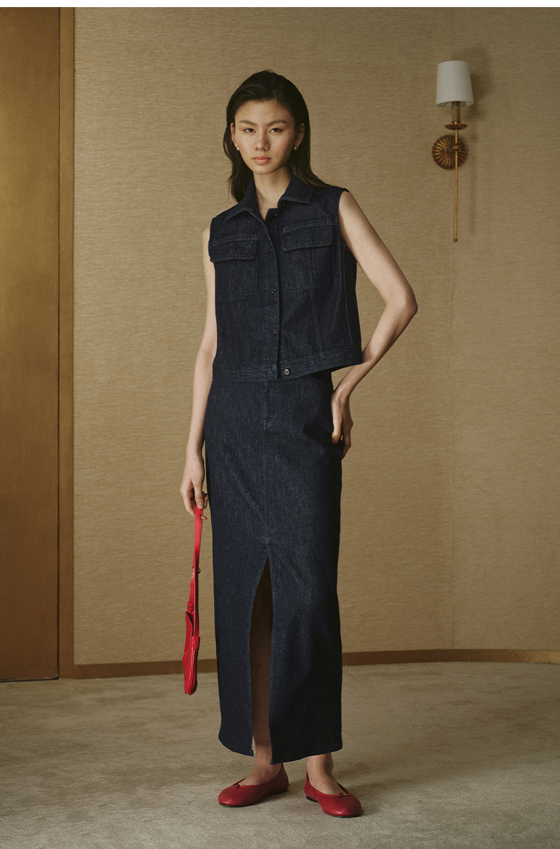 ZZ2FANBW004 Straight Denim Midi Skirt Deep Navy