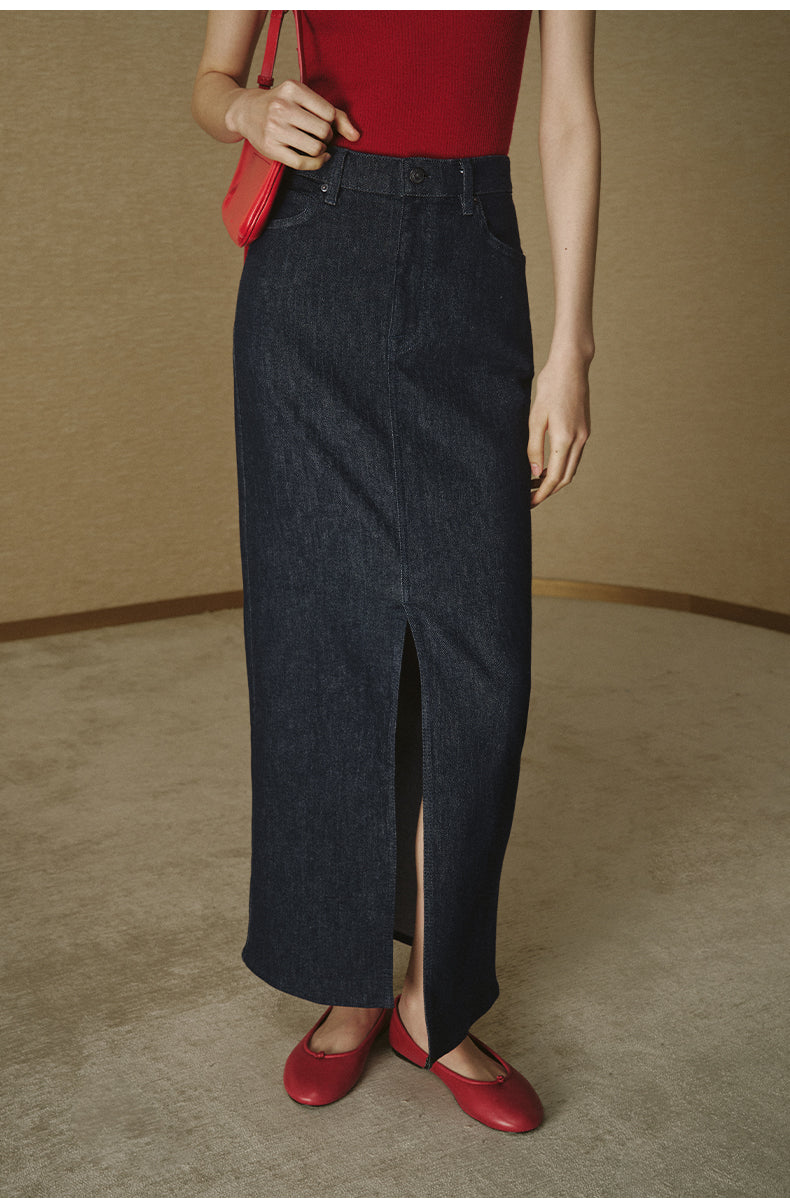 ZZ2FANBW004 Straight Denim Midi Skirt Deep Navy