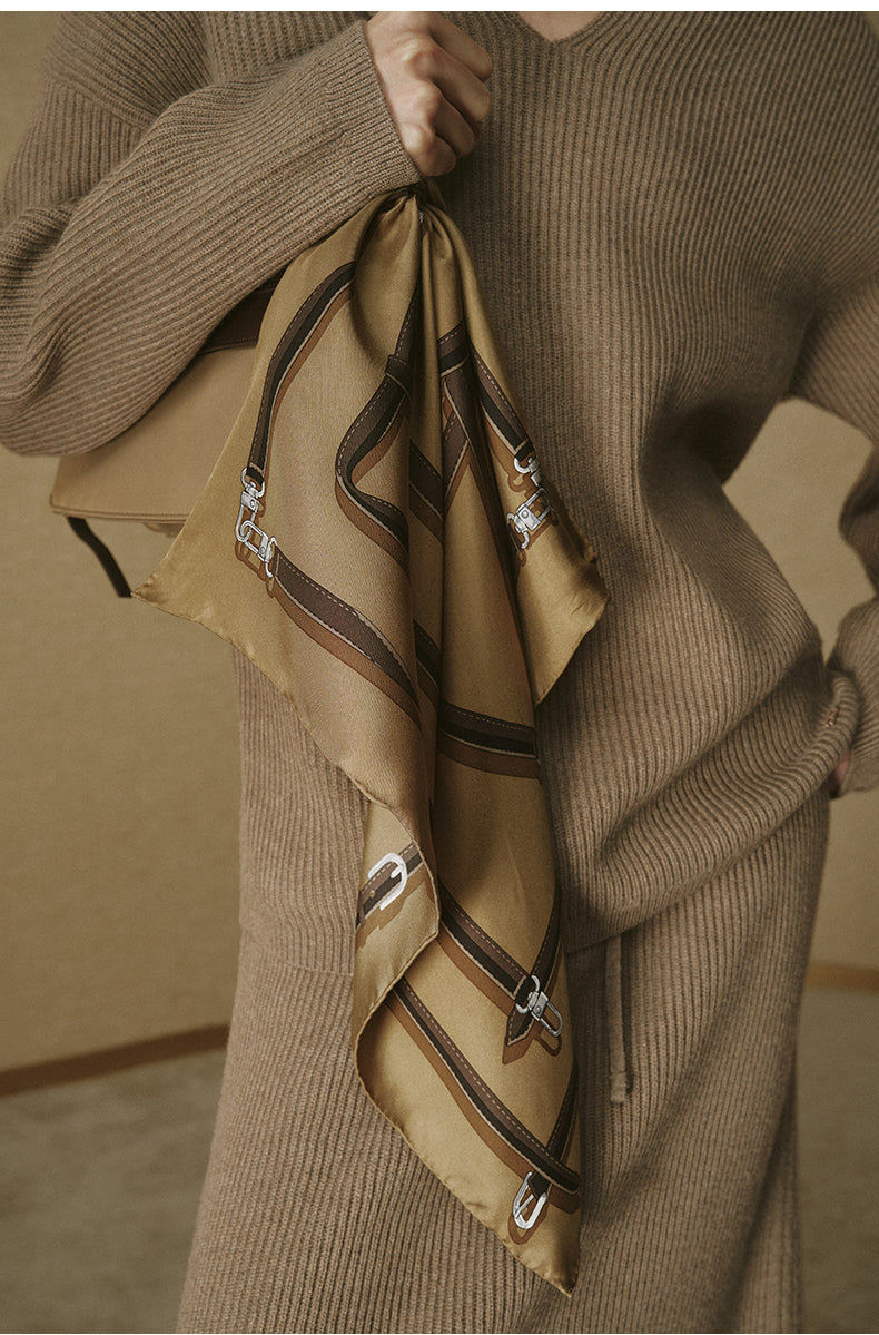 Silk Print Square Scarf - Light Tea Camel
