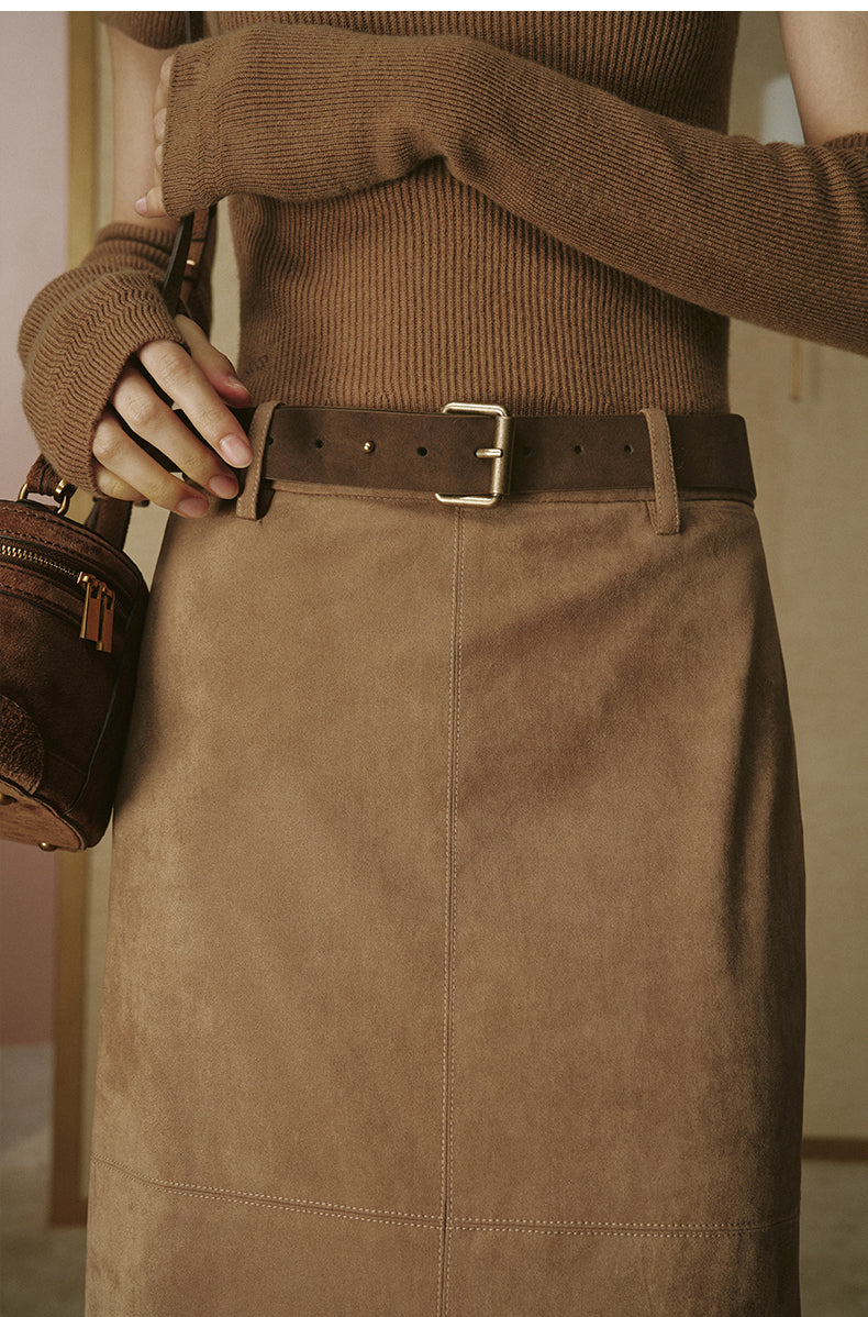 Suede Leather Slim Belt - Sandalwood Brown