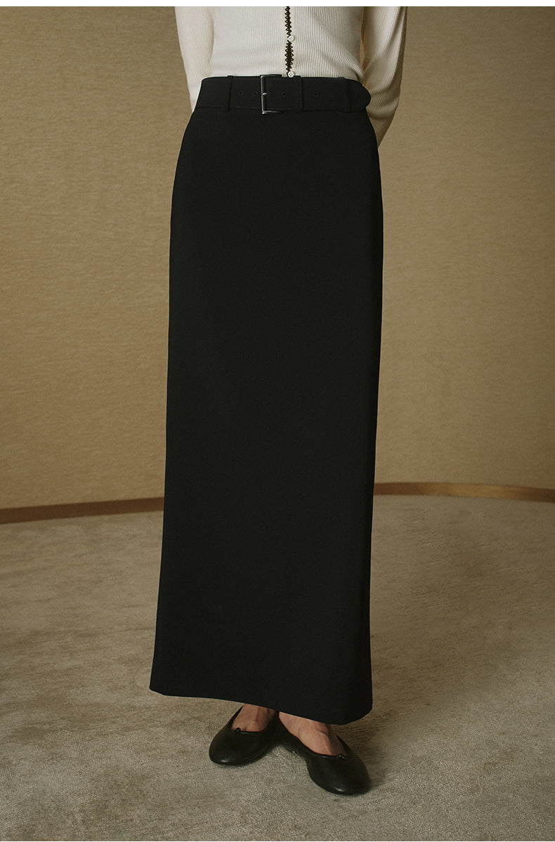 Belted Straight Maxi Skirt - Ink Black