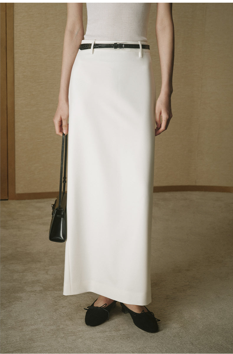 Belted Straight Maxi Skirt - Ivory White