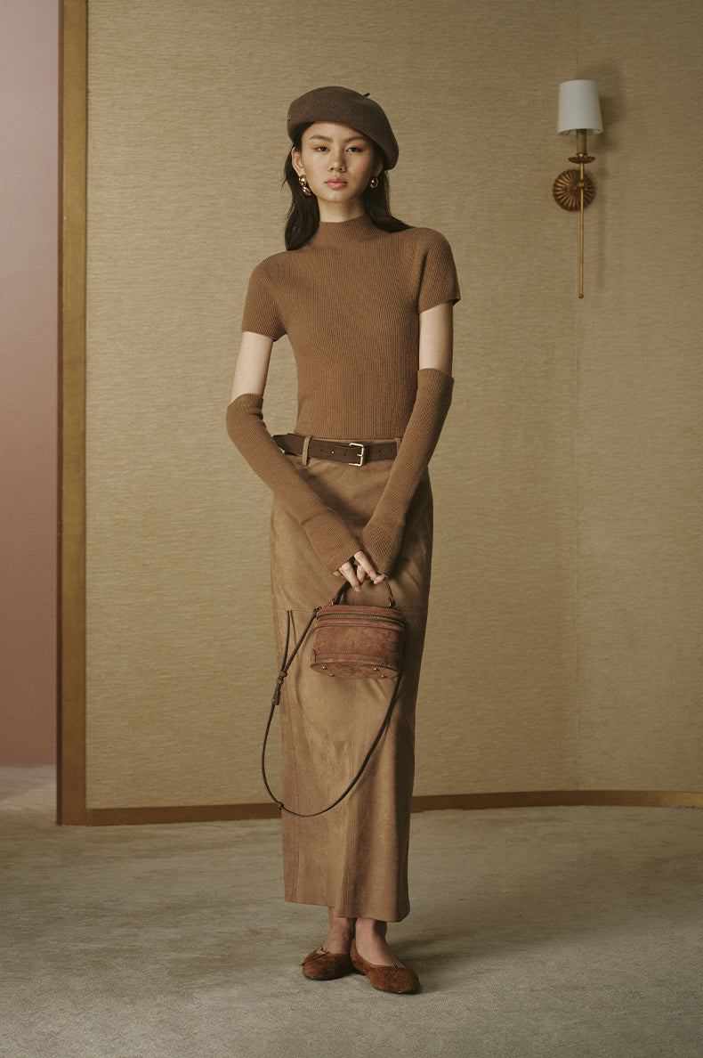 Faux Suede Straight Midi Skirt - Amber Camel