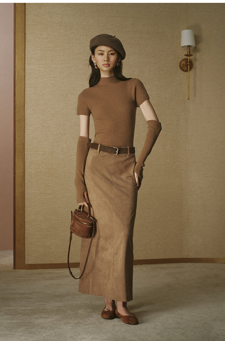 Faux Suede Straight Midi Skirt - Amber Camel