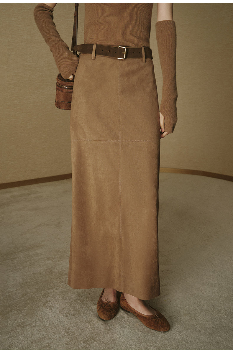 Faux Suede Straight Midi Skirt - Amber Camel