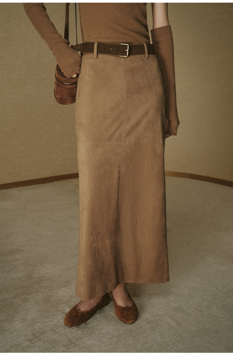 Faux Suede Straight Midi Skirt - Amber Camel