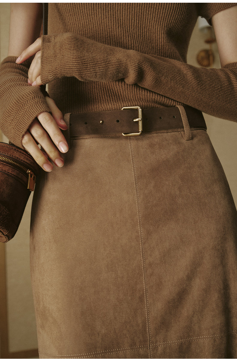 Faux Suede Straight Midi Skirt - Amber Camel