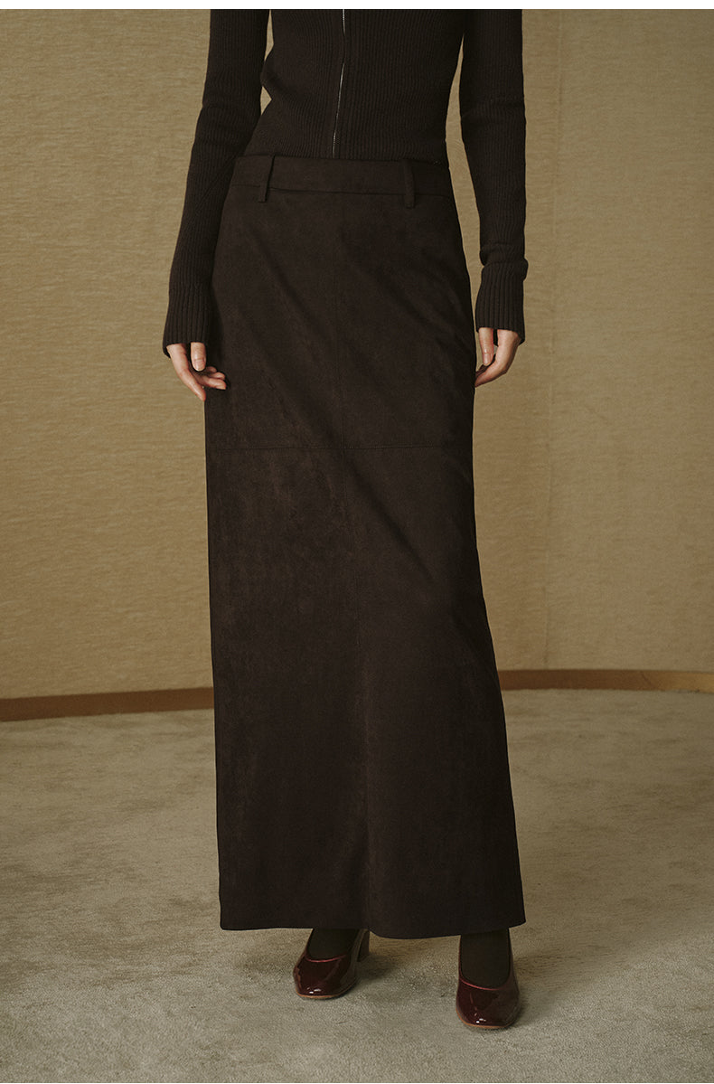 Faux Suede Straight Midi Skirt - Deep Coffee