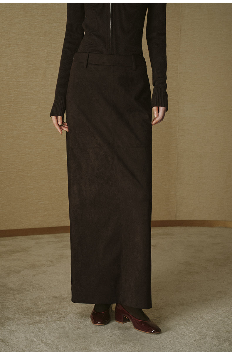 Faux Suede Straight Midi Skirt - Deep Coffee