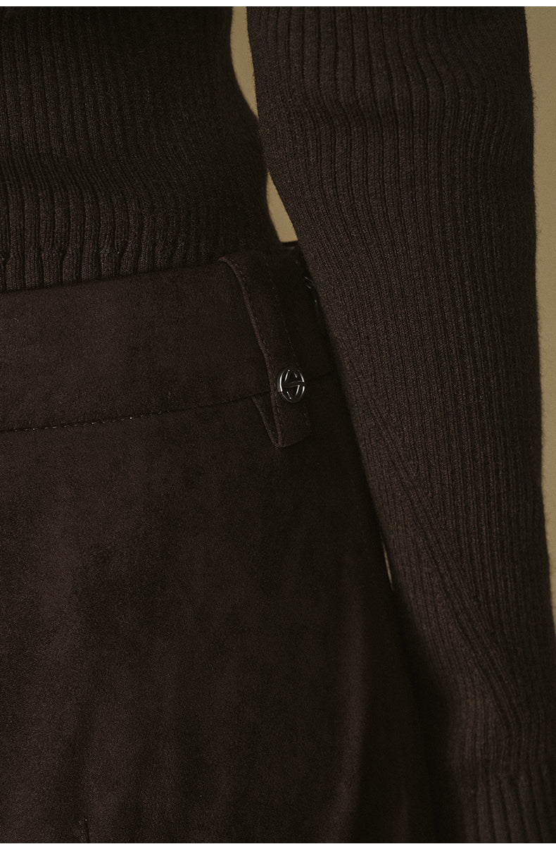Faux Suede Straight Midi Skirt - Deep Coffee