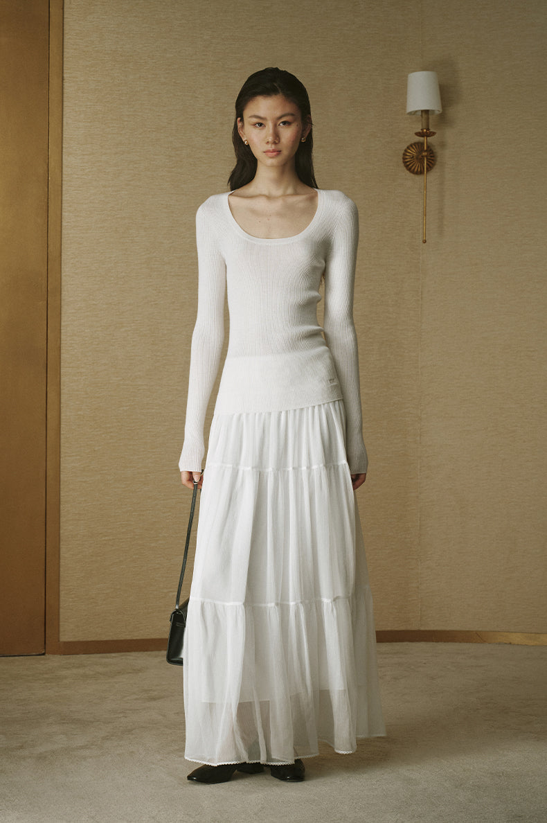 Tiered Panel Midi Skirt - Ivory White