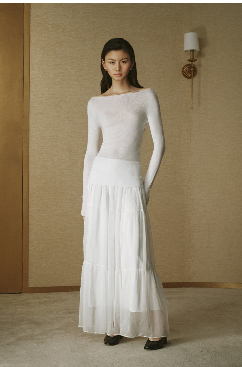 Tiered Panel Midi Skirt - Ivory White