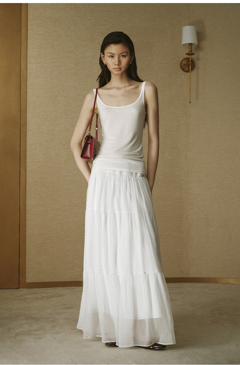 Tiered Panel Midi Skirt - Ivory White