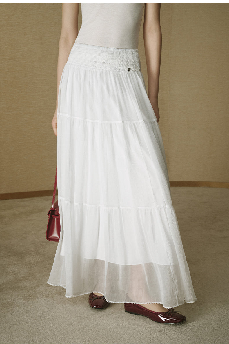 Tiered Panel Midi Skirt - Ivory White