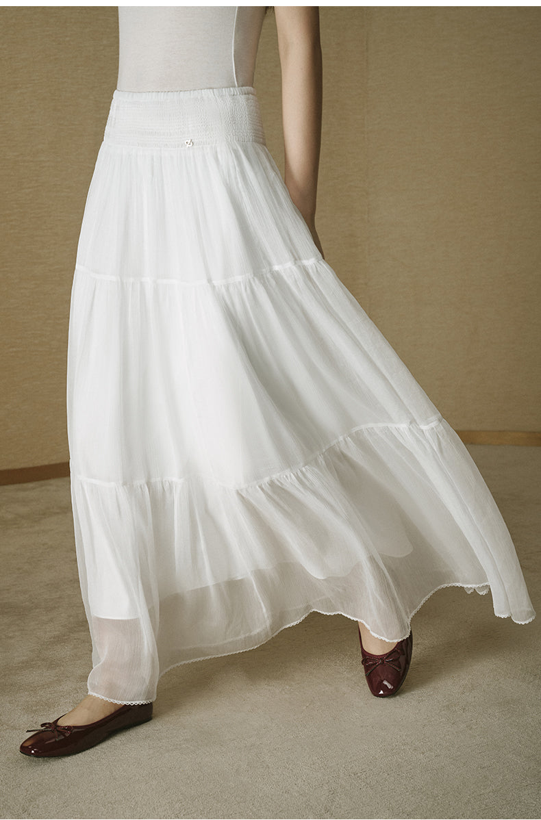 Tiered Panel Midi Skirt - Ivory White