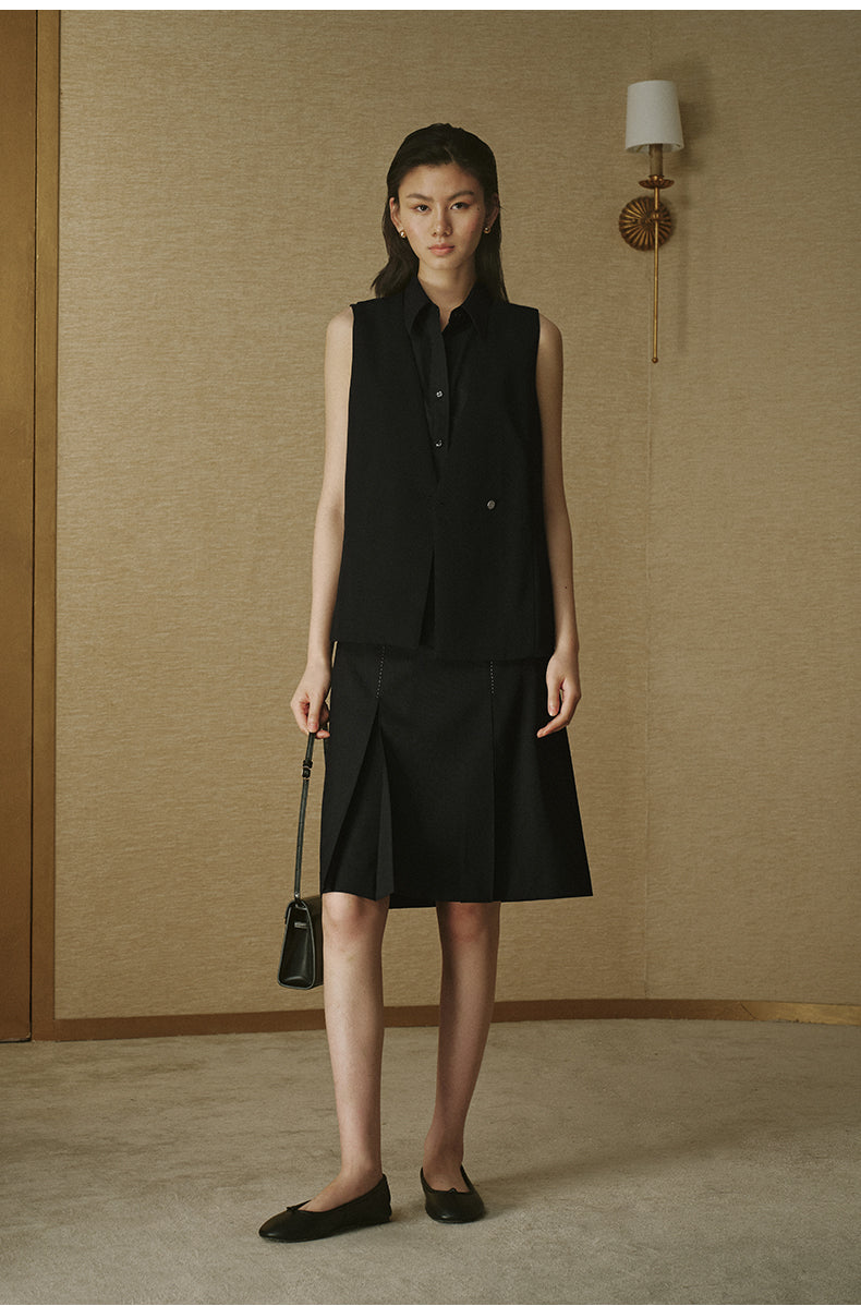 Tailored Wool Pleated Skirt - Ink Black