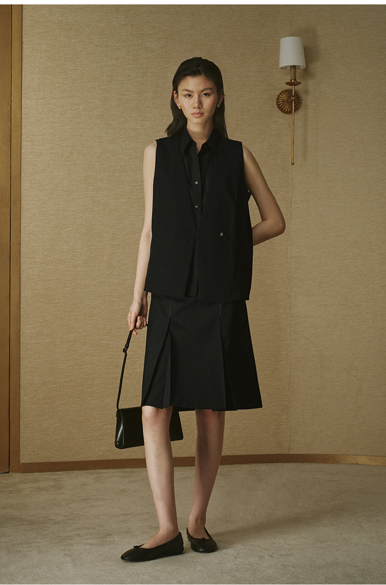 Tailored Wool Pleated Skirt - Ink Black