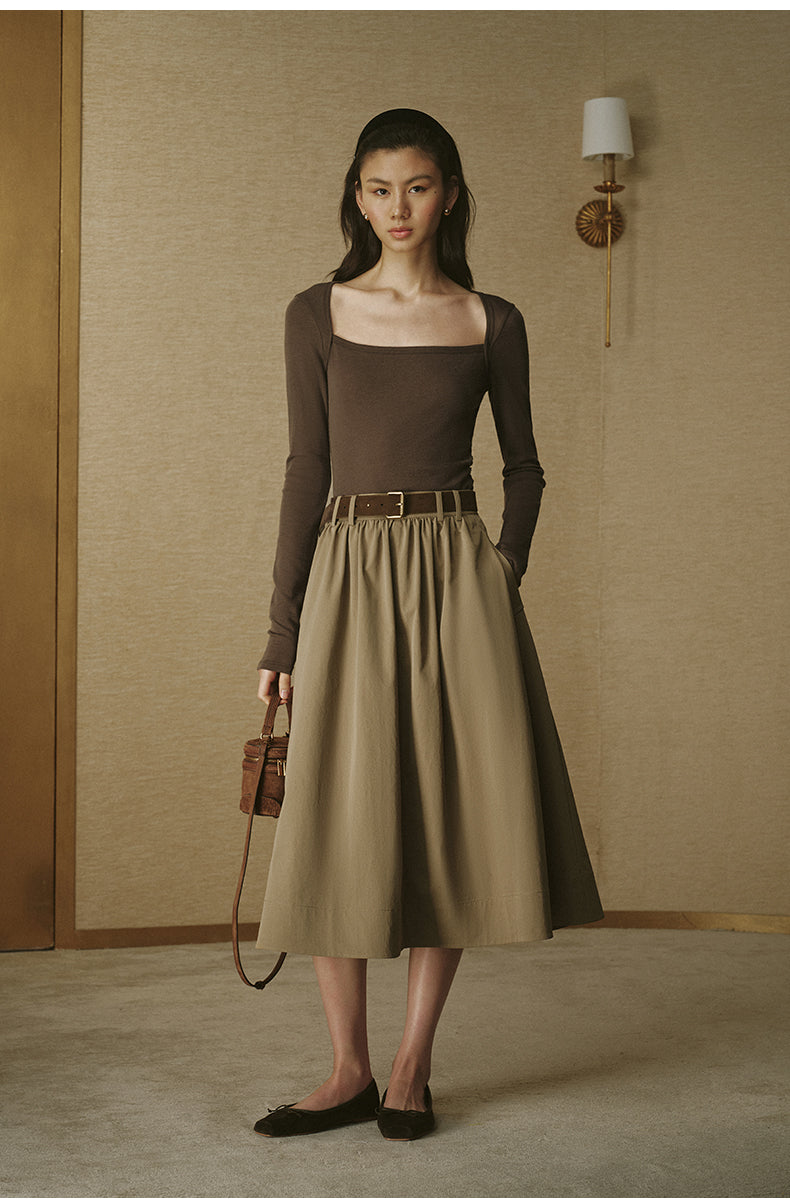 Twill A-Line Skirt Rock Green Khaki