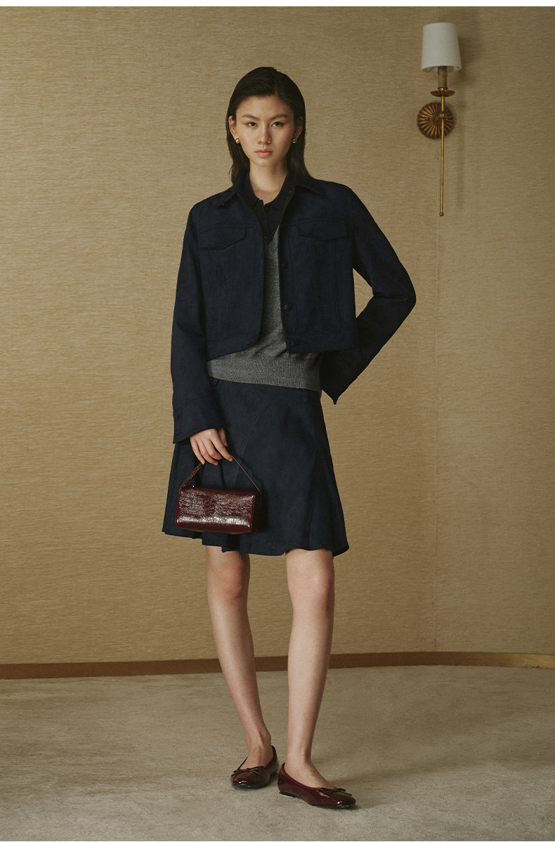 Faux Suede Bias-Cut Mini Skirt - Ink Blue