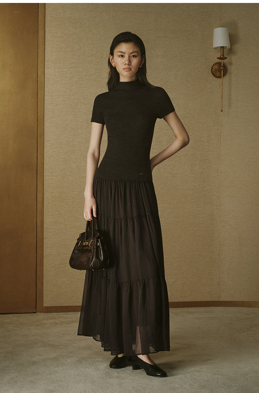 Tiered Panel Midi Skirt - Coffee Brown