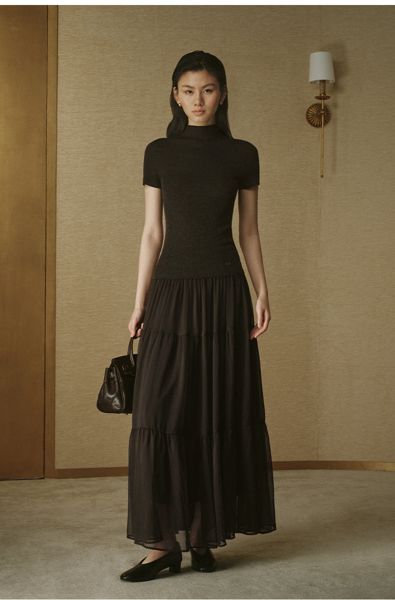 Tiered Panel Midi Skirt - Coffee Brown