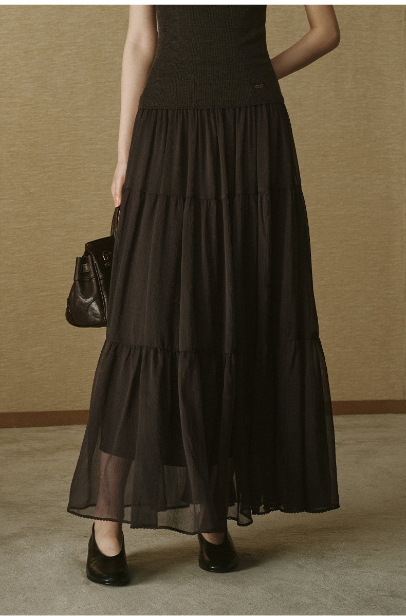 Tiered Panel Midi Skirt - Coffee Brown