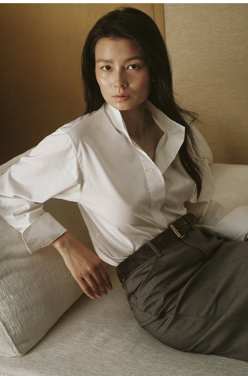 Stand-Collar Waist Shirt - Ivory White