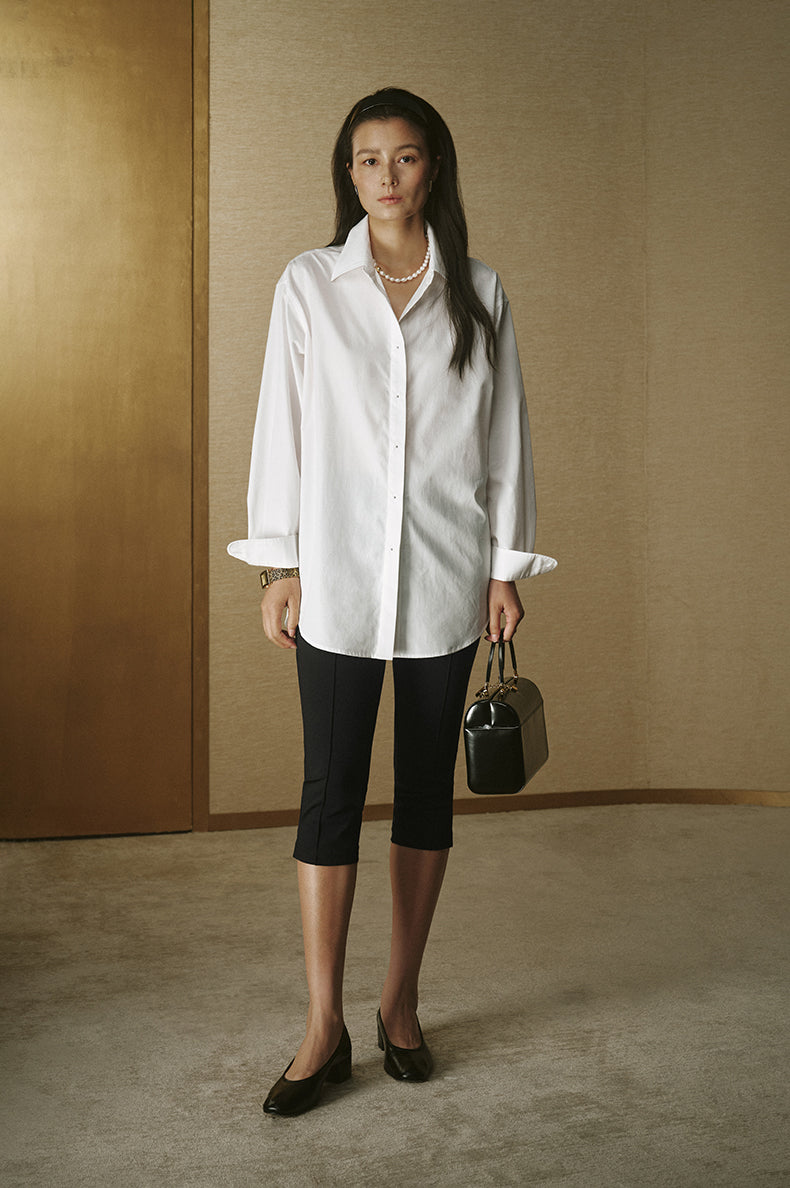 Silver-Button Cotton Shirt - Ivory White