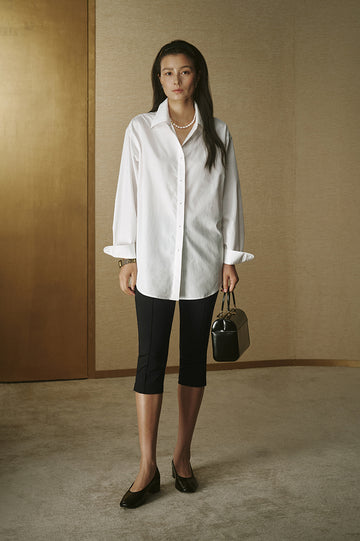 Silver-Button Cotton Shirt - Ivory White