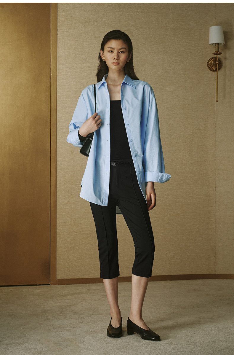 Silver-Button Cotton Shirt - Sky Blue