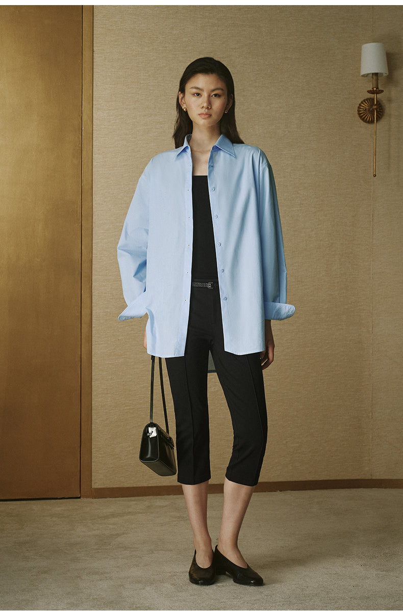 Silver-Button Cotton Shirt - Sky Blue