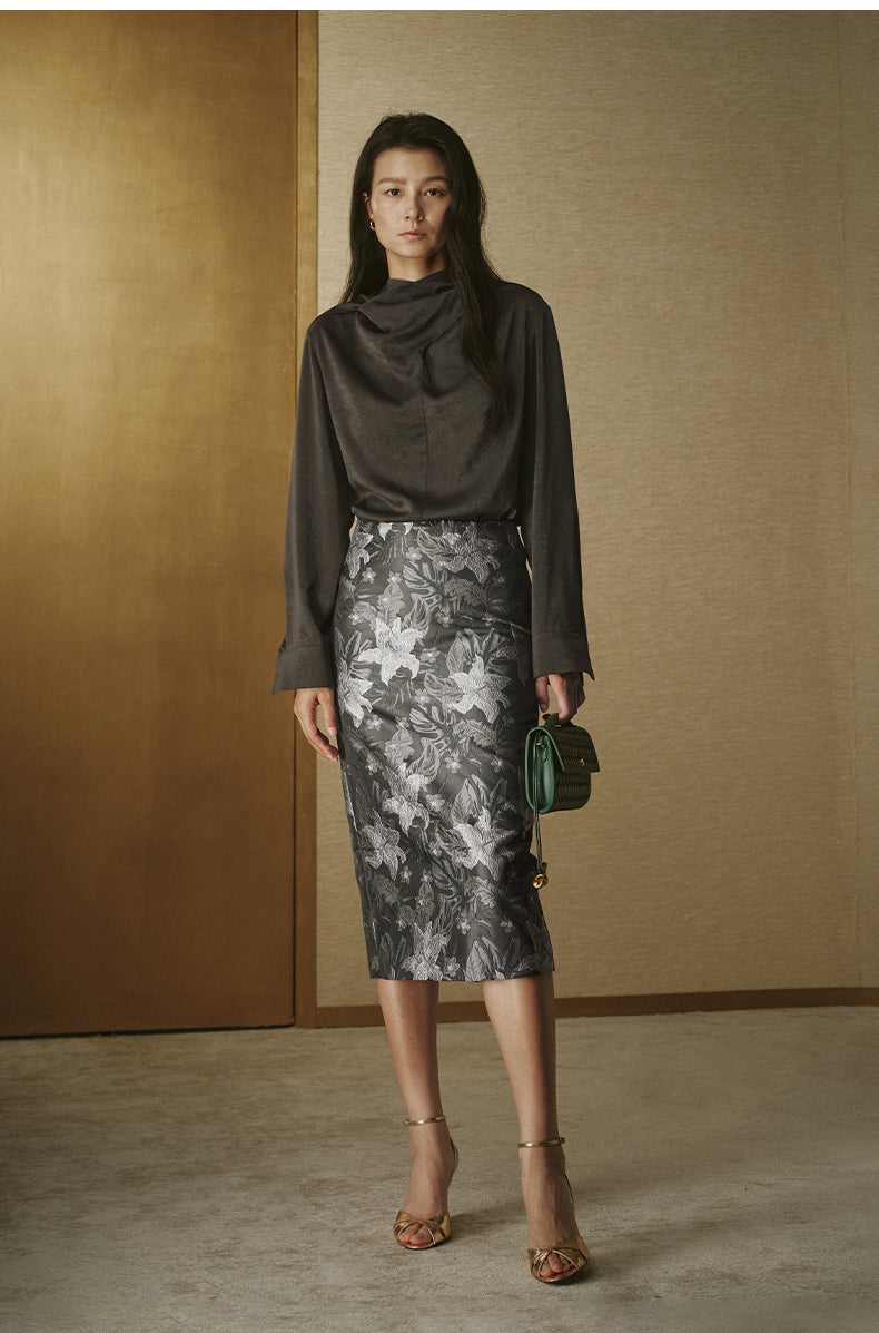 Scarf-Neck Peachskin Shirt - Dark Rock Grey
