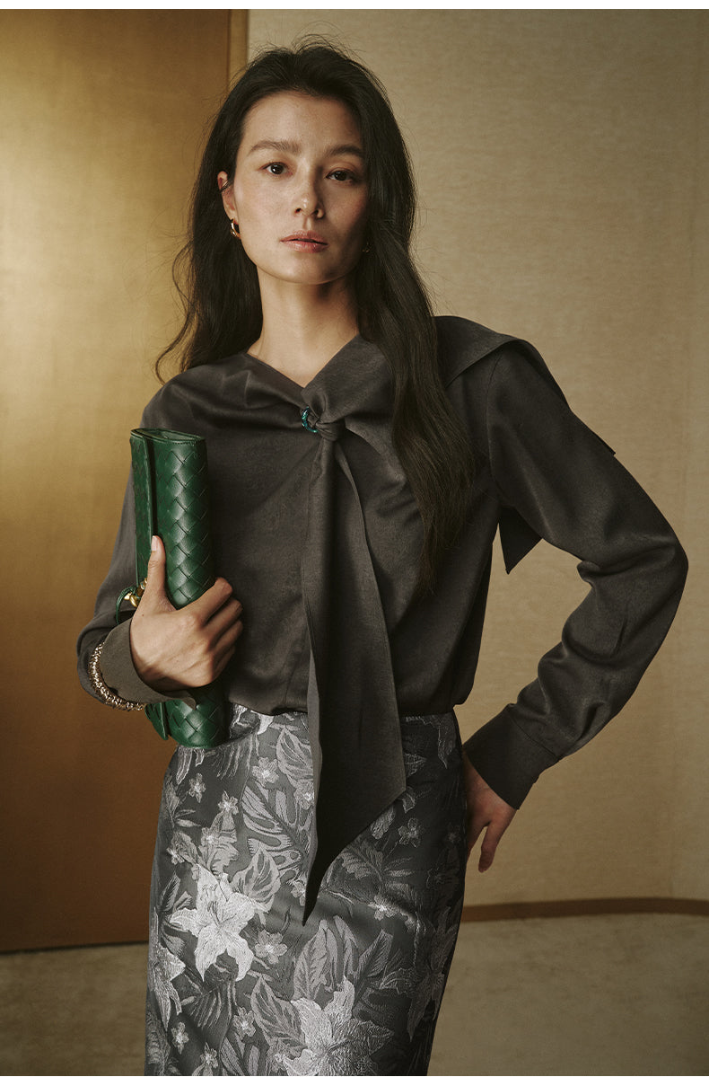 Scarf-Neck Peachskin Shirt - Dark Rock Grey